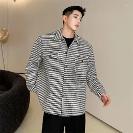 Men's Jackets Men's Fashion Casual Plaid Tweed Jacket Male 2022 Loose Lapel Single Breasted Long Sleeve Oversized Coat Spring WinterMen'