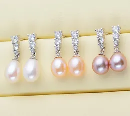 S925 Silver 3 Zircon Ear Studs Dangle Shandelier Natural Freshwater Pearl أقراط بيضاء اللون الوردي الوردي/فتاة المجوهرات
