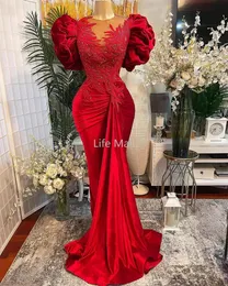 New Plus Size Arabic Aso Ebi Red Mermaid Lace Prom Dresses Beaded Sheer Neck Velvet Evening Formal Party Second Reception Gowns Dress DD