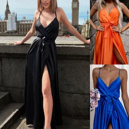 Casual Dresses Spaghetti Straps V Neck Bown Lämplig för formell Partie Sexig Night Club Party Backless High Slit Elegant Robe de Soire Femmec