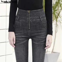 Jeans för kvinnor mamma hög midja kvinna elastisk plus storlek stretch kvinnlig tvättad denim mager blyertsbyxor 210608