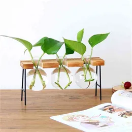 Hydroponic Plant Vases Vintage Glass Tabletop Plants Bonsai Flowerpots Home Decorative Vase Wooden Base Craft Wedding Gifts 210409