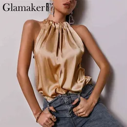 Glamaker Satin Ruffles عرضية فضفاضة فضفاضة مثيرة أعلى نساء أنيقة المكتب السيدات في جميع المطابقة صيف الصيف 210326