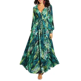 AECU Vestido Floral Print Boho Maxi Dress Sexig Lady Bohemian Autumn Long Women Beach es Female Robes Party Dresses 220521