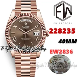 EWF V3 ew228235 ETA2836 ew2836 Relógio masculino automático 40MM Mostrador marrom Roman Marcadores Ouro rosa 904L Pulseira de aço inoxidável com o mesmo número de série Cartão de garantia Relógios eternos