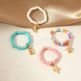 4Pcs/set Fashion Colorful Rice Bead Rings Star Moon Pendant Ring Set Adjustable Handmade Boho Finger Ring For Women Girl Jewelry