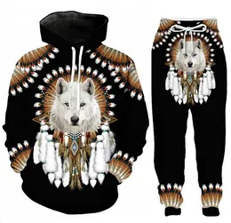 Partihandel - Nya Mode Män / Kvinnor Native Indian Wolf Sweatshirt Joggers Rolig 3D-tryck Unisex Hoodies + byxor% 013