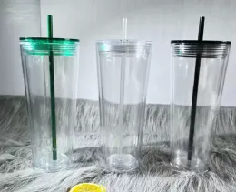 24-Unzen-Becher aus durchsichtigem Kunststoff, flacher Deckel, Acryl-Wasserflaschen mit Strohhalm, doppelwandig, tragbar, Büro-Kaffeetasse, wiederverwendbar, transparent, solide PS-Trinkbecher FY5262