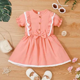 소녀의 드레스 여름 여자 아기 옷 퍼프 슬리브 짧은 분홍색 공주 드레스 싱글 가슴 활 유아용 유아용 드레스 걸어