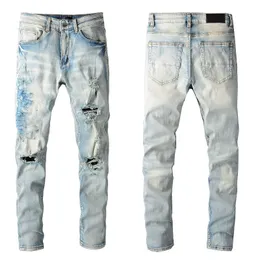 Man Skinny Fits Jeans Denim Knee Ripped with Hole Slim for Guys Mens Biker Moto Straight Leg Vintage Distress Damaged Stretch Pants Long Zipper High Quality Light Blue