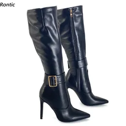 Rontic 2022 Handgemachte Damen Winter Kniestiefel Unisex Voller Reißverschluss Schnalle Stiletto Heels Spitzschuh Schwarz Club Schuhe Größe 35-47