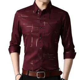 Slim Men Shirt Dress Long Sleeve Turn Down Collar Stripes Singlebreasted Polo Business Top D220615