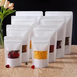 100pcs Thick Stand up White Paper Window Zip Lock Bags Resealable Biscuits Coffee Powder Snack Candy Dried Fruits Nuts Tea Cereals Gifts Storage Pouches
