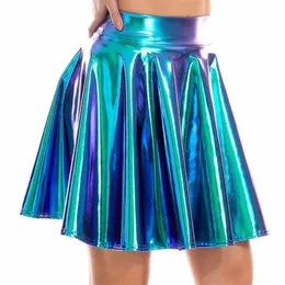 Lato Sexy Laser High Waist Mini Pu Skórzany Spódnica Klub Party Dance Błyszczące Spódnice Harajuku JK Metallic Plised 220317