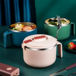 Japansk stil förseglad lunchbox hushåll 304 Rostfritt stål Instant Nudelskål med lock Student Isolerad Snabbmat Cup 220408