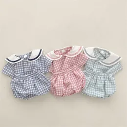 Summer Baby Short Sleeve Clothes Set Infant Boys Girls Cute Plaid Print Navy Collar T Shirt Shorts 2pcs Suit Kids Outfits 220602