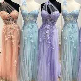 Chic A Line 3D Flower Prom Dresses One Shoulder Tulle Party Gown See Through Top Vestidos De Soiree 326 326