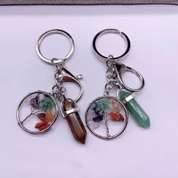 Natural Stone Hexagonal Prism Quartz KeyChain Colorful Gravel Tree of Life Ring for Women Män Handbag Hangle Car Key Holder Raw Mineral Keyring Jewelry