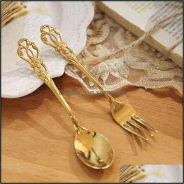 Tableware European Dessert Spoon Fruit Fork Kitchen Creative Coffee Mug Mixing Stainless Steel Retro Embossed Gift 0221 Drop Delivery 2021 F