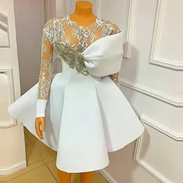 White Nigerian Arabic Cocktail Dresses Long Sleeve Lace Beaded Short Homecoming Dress Illusion A Line Satin Prom Gowns