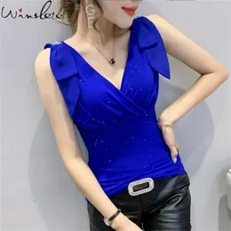 Summer European Style Vest Chic Sexy V-Neck Drape Shiny Bowknot Diamonds Women Tops Sleeveless Casual All Match T15518A 220318