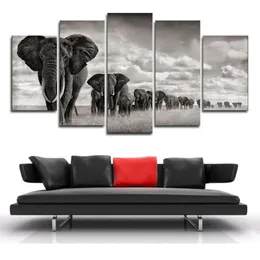 Pintura decorativa de 5 peças Africano Elephant Group Tema Tea