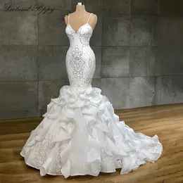 Luxury V-Neck Mermaid Bröllopsklänningar Ärmlös Lace Appliques Beaded Vestido de Novia Bridal Gowns 0329