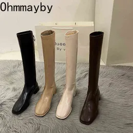 سليم نساء فارس Kneehigh Boots Square Heel Ladies Shippers Shoes Fashion Winter Botas Mujer Invierno 220802