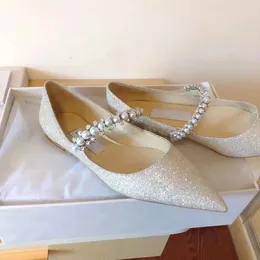 2022 Kvinnor Sandaler Elegant Baily Bridal Bröllopsklänning Skor Glitter Lady Pumpar Crystal Pearl Strap High Heels Berömda Pekade Toe Women's Comfort Soft Party Walking