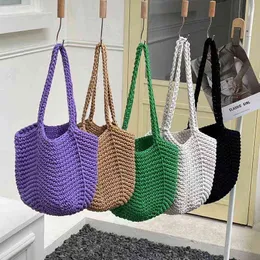 2022 New Cotton Thread Knitted Women Handbags Ladies Net Hollow Out Tote Bag Women Woven Shoulder Bag Beach Bag Sets Whole Sale G220531