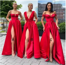 2022 Röd hög slits röd brudtärna klänningar kvadrat krage spaghetti rem ficka en linje kvinnor lång bröllop fest klänning vestidos b0603g010