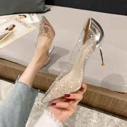 2022 High Heels Female Pointed New Spring and Summer Crystal Rhinone Transparent Bridesmaid Wedding Shoes Stiletto Shoes G220425
