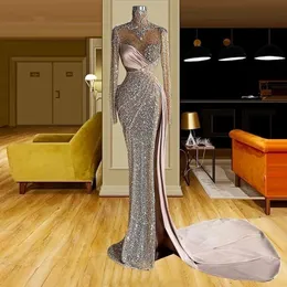 Side Split Sexy Mermaid Prom Dresses Sparkly Crystal Beaded High Neck Long Sleeve Evening Gowns Arabic Special Occasion Dress Formal Wear 0426