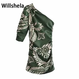 Willshela女性ビンテージプリントファッション非対称ドレスワンショルダーハーフスリーブシックな女性ドレープミニショートドレス女性220317