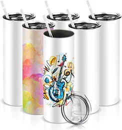 USA Stock 20oz Straight SubliMation Tumblers Rostfritt stål Förolämpad vattenkopp Kaffe -muggar med sugrör och lock för DIY värmeöverföring