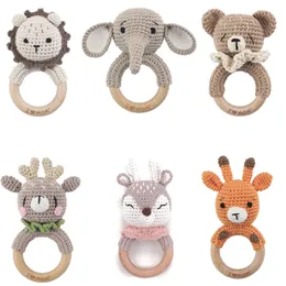 Baby Rattles DIY Crochet Cartoon Lion Fox Doll Hand Bell Carved Wooden Ring Teething Toys Newborn Molar Teether Educational Toy