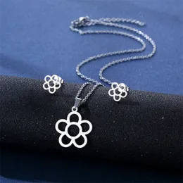 Simple Jewelry for Women girl Flower Pendant Stainless Steel Necklace Stud Earrings Set Unique Design Clavicle Chain Gift