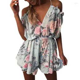 Macacões femininos Rompers Floral Impresso Summer Summer Toits Beach Women Mumpsuit Shorts Ruffles 2022 Boho Sexy V pescoço traseiro sem costas