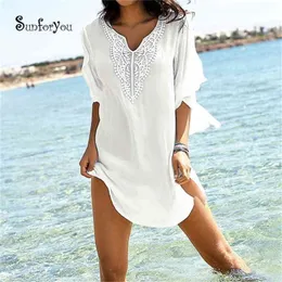 Nya Bikini White Chiffon Lace Beach Tunic Sarong Swimsuit Cover Up 2021 Pareos de Playa Mujer Women badkläder täcker 210319