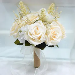 Boho Bridal Bridesmaid Bouquet 2022 Szampan Kwiaty Szampana Róż Ivory Róż Róż 25cm 25cm Quinceanera Party Silk F250D