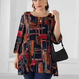 4XL 5XL Plus Size Blouse Women Autumn Three Quarter Sleeve Colorful Print Casual Long Blouse Loose Oversized Ladies Tops 220526