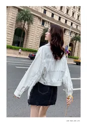 New cool fashion women's turn down collar long sleeve white color denim jeans back tassel patchwork short jacket plus size coat XSSMLXLXXL