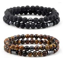 Beaded Strands 2Pcs/Set Men Natural Stone Bracelet Set 6MM Black Matte Lava Polish Hematite Spacer Elastic Rope Women Bangles Jewelry Fawn22