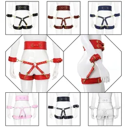 4Pcs/Set Bundled sexy Toy with PU leather Cross Harness Lock BDSM Bondage Handcuffs for Fetish Restraints Waist Female Erotic Kit