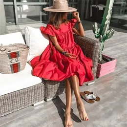 Retro överdimensionerad lapptäckklänning Kvinnor Elegant Oneck Ruffle Sleeve Midi Dresses Summer Female A Line Ruffled Sundress Vestidos 220629