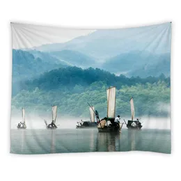 Tapestries Forest River Sailboat Tapestry Landscape Nature Scenery Wall Hanging Home Living Room Bedroom Decoration Art Asthetic DecorTapest