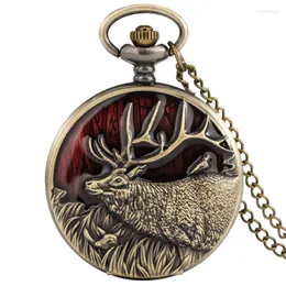 Relógios de bolso 3D Bronze Creative Long Horns Elk Design Quartz Relógio Colar Deer Animal Pingente Chain Clock Analog FOB steampunk Thun22