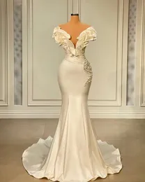 Sheer O-Neck Mermaid Prom Dresses Vestidos de Gala Ruffles 어깨 진주 구슬 무광택 아라비아 트럼펫 이브닝 가운