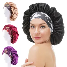 Kvinnor Satin Bonnet Cap Night Beauty Sleep Cap Wide Elastic Band för lockigt fjädrande hår wrap hatt pannband duschkappar