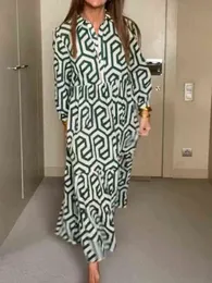 Vintage Geometric Print Bohemian Long Dress Women Spring Long Sleeve Loose Pleated Maxi Dress Summer V Neck Elegant Office Dress T220804